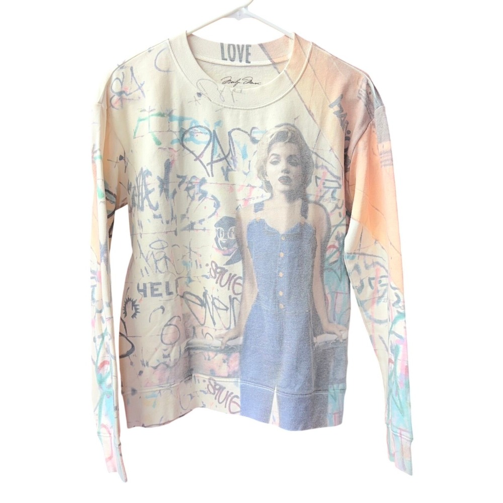 Marilyn Monroe Sweatshirt Women S Cream Graffiti All Over Graphic Print Pullover